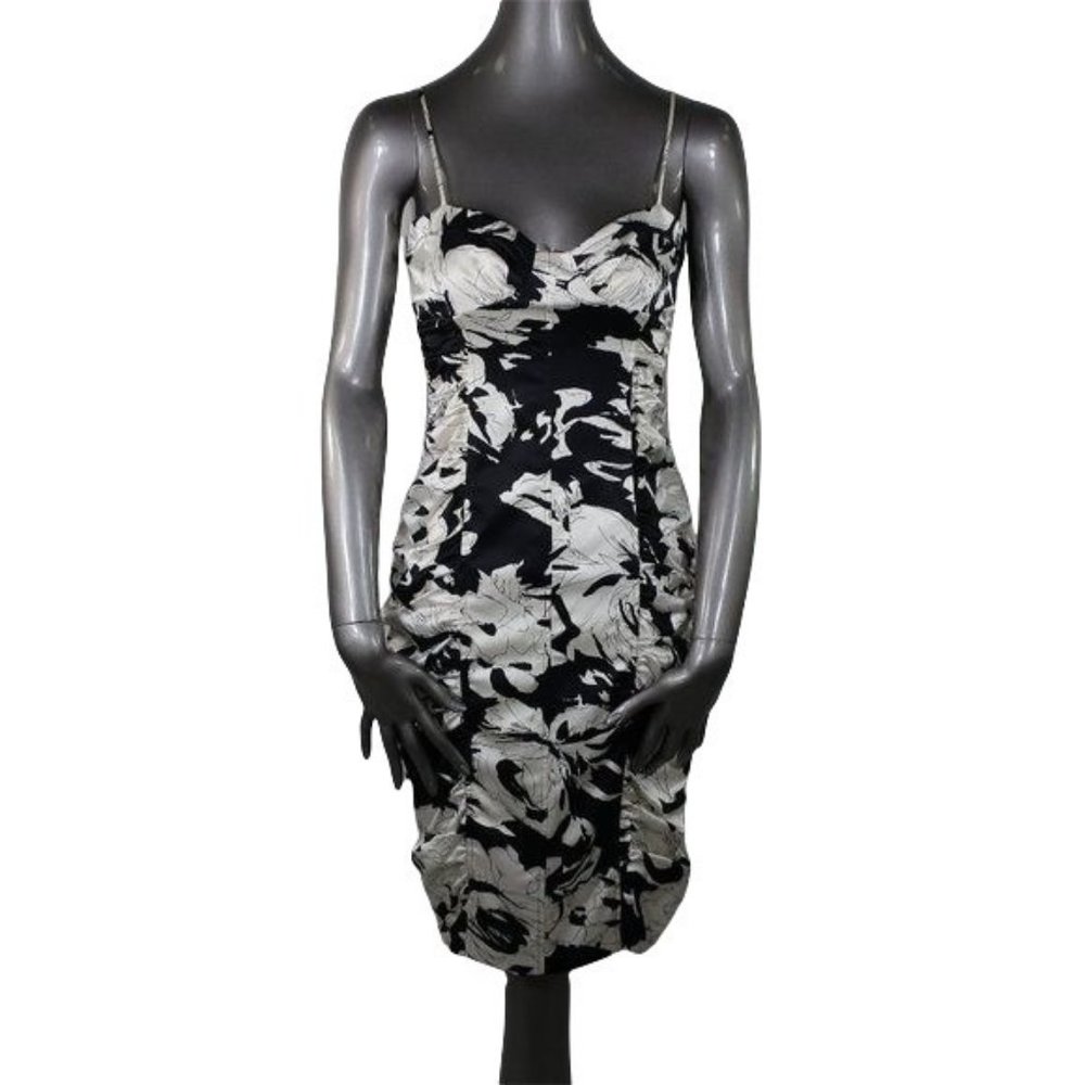 David Meister NWT Ruched Dress Black White Floral Sheath 2